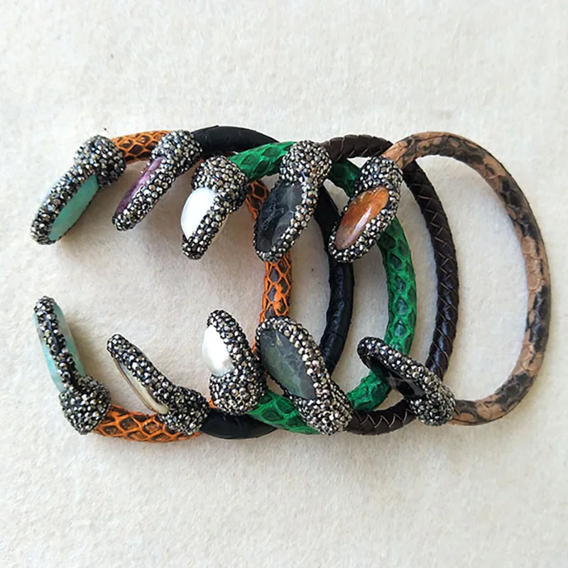 5pcs Natural Leather Druzy Pearl Stone Snake Bangle with Crystal Rhinestone Paved Jewelry Bracelet BG18 | Украшения и аксессуары