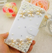 Luxury Double Row Shine Pearl Flower Embossed PU Leather Case Cover for iPhone 5 6 7 for Samsung Phone Case