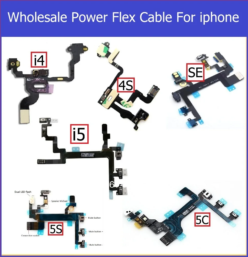 

Wholesale Mute & Volume &Power Flex Cable for iPhone 4 4S 5 5S 5C SE Volume button & power switch on/off ribbon flex cable parts