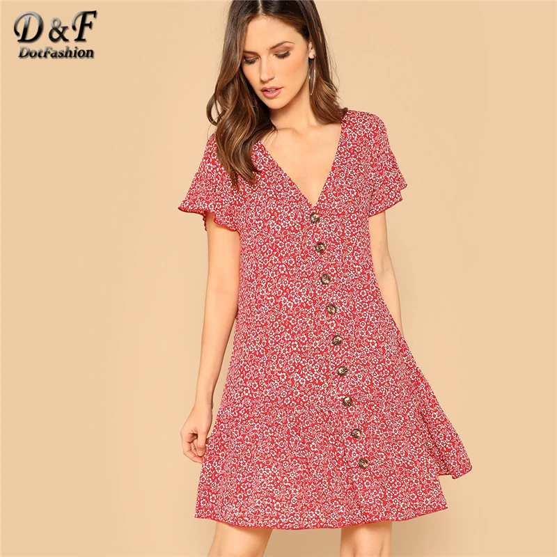 

Dotfashion V Neck Button Front Ditsy Floral Dress Women Flounce Sleeve Boho Summer Dresses 2019 Ruffle Hem Tunic Shirt Dress
