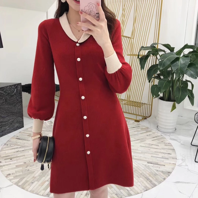 Sweet Short Knit Dress 2019 Spring Peter Pan Collar Pearl Buttons Women's Lanter Sleeve Knitted Long Sleeve A-line Sweater Dress
Sweet Short Knit Dress 2019 Spring Peter Pan Collar Pearl Buttons Women's Lanter Sleeve Knitted Long Sleeve A-line Sweater Dress
