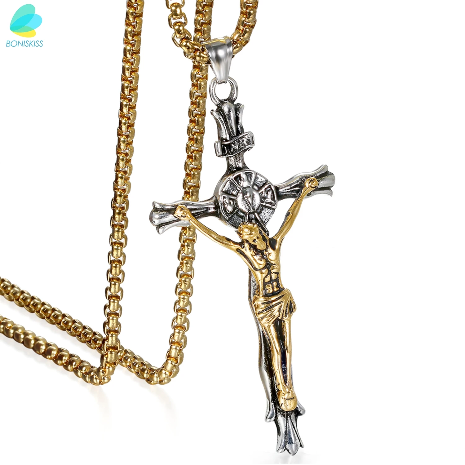 

BONISKISS Men's Large Catholic Jesus Christ on INRI Cross Crucifix stainless steel Pendant Necklace