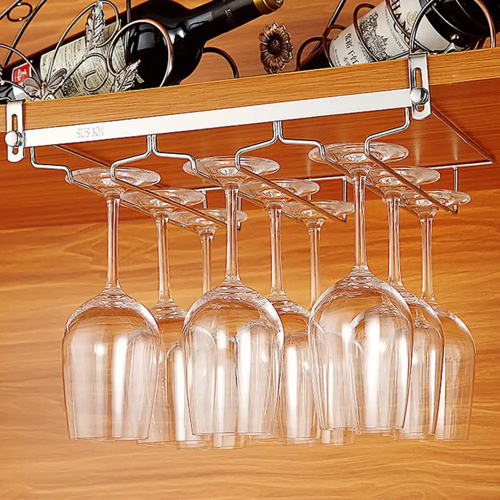 Stainless Steel Nail Free Under Cabinet Hanging Wine Glass Rack