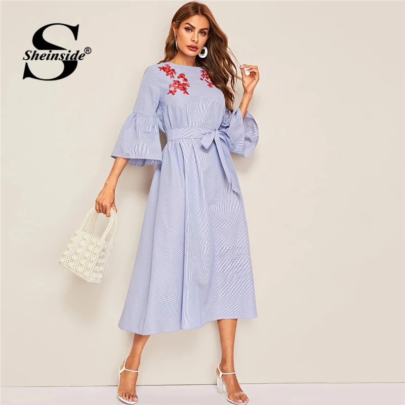 

Sheinside Embroidered Detail Flounce Sleeve Striped Dress Women 2019 Summer Boho Blue Belted Dresses A Line Elegant Dress