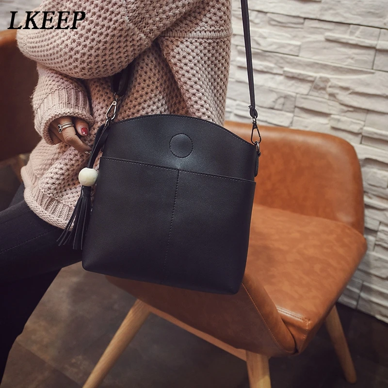 Fashion PU Leather Simple Women Shoulder Bag Tassel Double Pocket handbag Wooden Beaded Messenger Bags Zipper Crossbody | Багаж и сумки