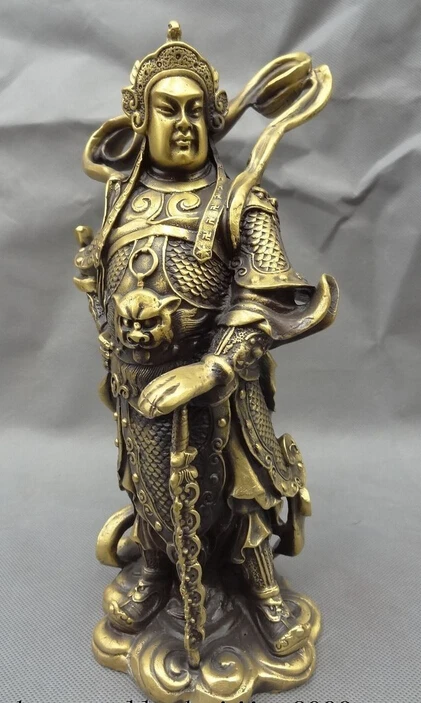 11" Chinese Bronze Protect Lion Head Warrior Veda Bodhisattva Wei Tuo Statue