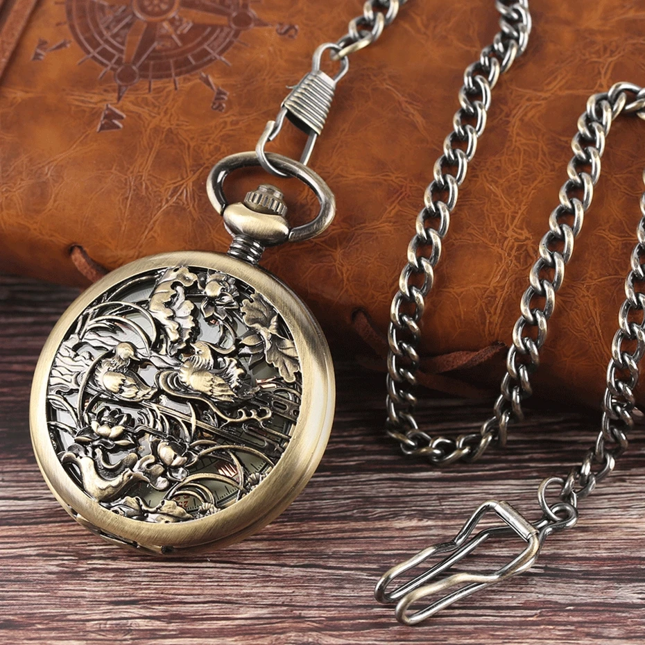Vintage Automatic Mechanical Carving Mandarin Duck Luxury Pocket Watch Trendy Unisex Gifts Bronze Pendant Chain Free Shipping (10)