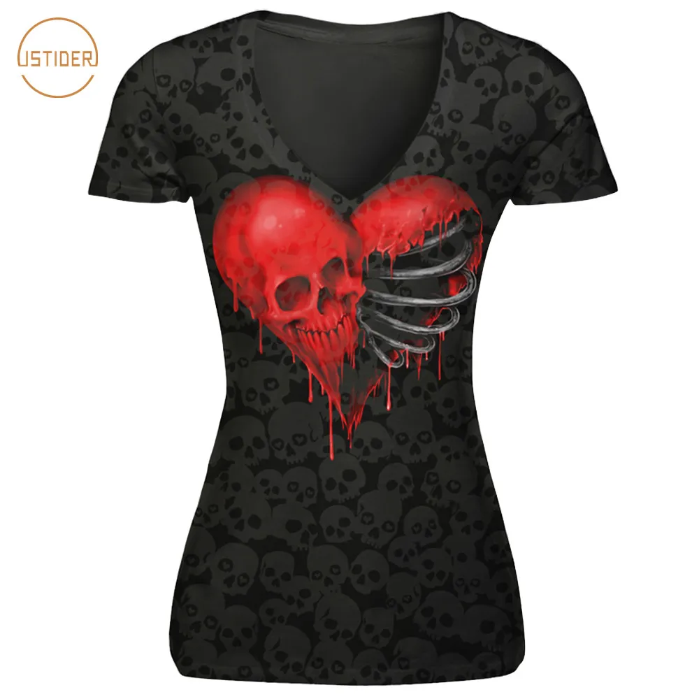 ISTider Women Fashion T Shirt 3D Print Red Heart Skull T-Shirts Punk Style Women V-Neck Short Sleeve Casual Tshirt Femme
ISTider Women Fashion T Shirt 3D Print Red Heart Skull T-Shirts Punk Style Women V-Neck Short Sleeve Casual Tshirt Femme