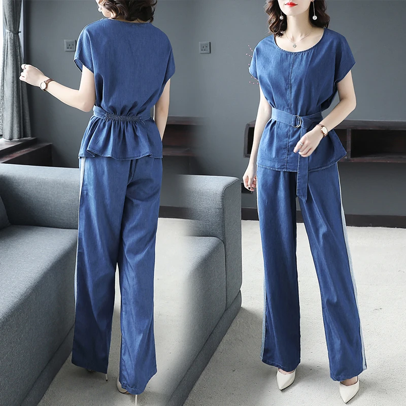 2019 Summer Blue Denim Thin Two Piece Sets Women Plus Size Short Sleeve Tops And Wide Leg Pants Suits Casual Elegant Women's Set
2019 Summer Blue Denim Thin Two Piece Sets Women Plus Size Short Sleeve Tops And Wide Leg Pants Suits Casual Elegant Women's Set