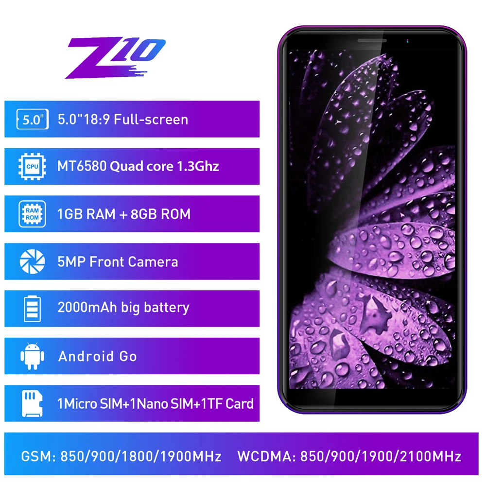 

LEAGOO Z10 Android 8.0 Mobile Phone 5.0" 18:9 Full Screen 1GB RAM 8GB ROM MT6580M 2000mAh 5MP Camera 3G WCDMA Smartphone