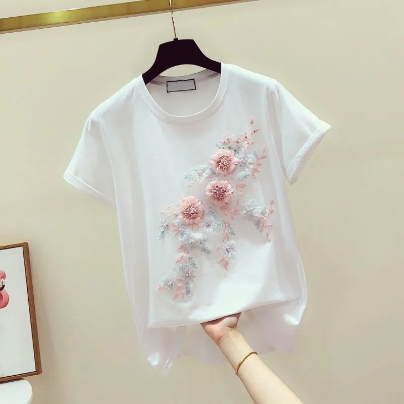 2019 Summer New Korean Elegant Women T-shirts Embroidery Handmade Flower Decoration Crew Neck Short Sleeve T-shirt
2019 Summer New Korean Elegant Women T-shirts Embroidery Handmade Flower Decoration Crew Neck Short Sleeve T-shirt