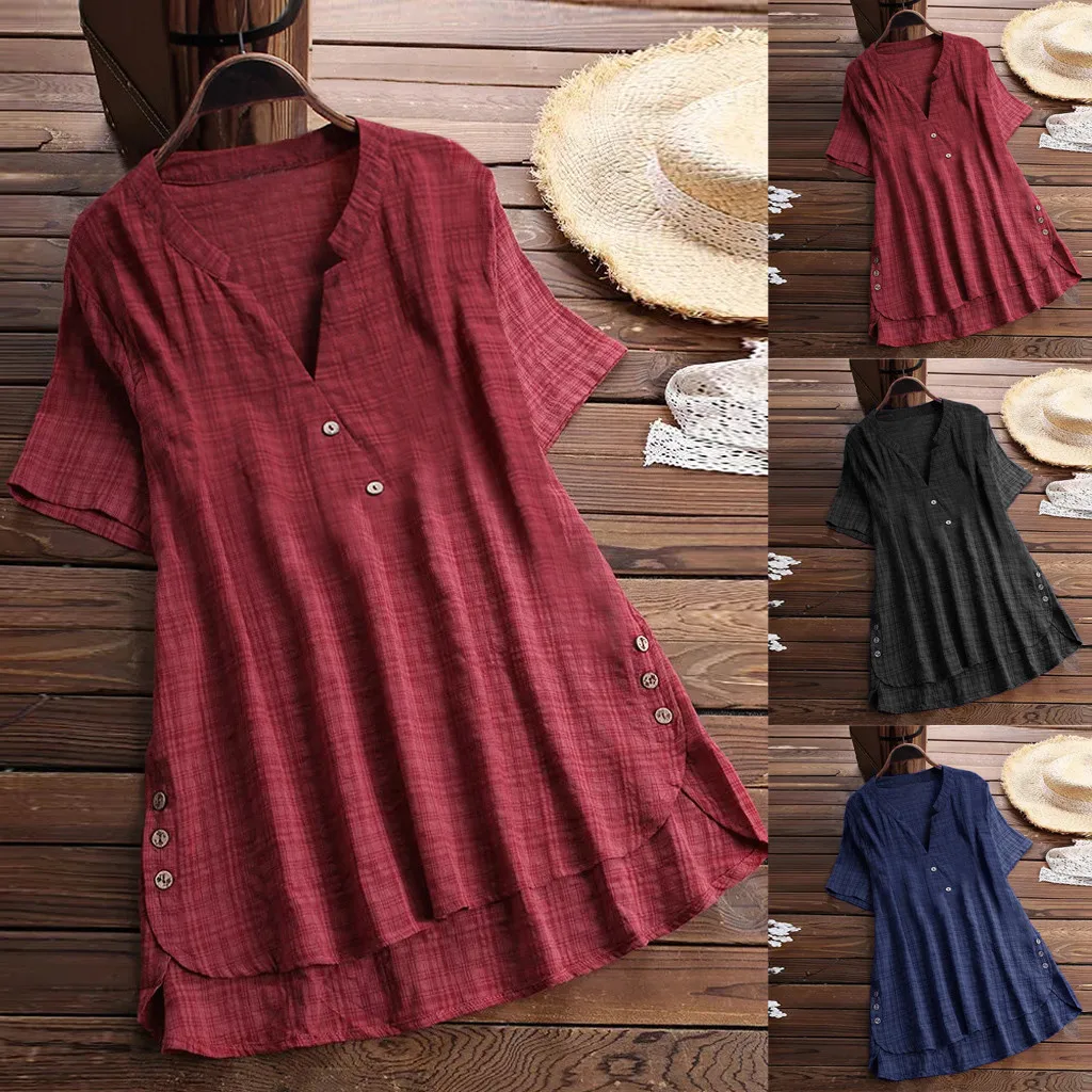 Summer Fashion Women blouse Short Sleeve Kaftan Baggy Button Cotton Linen Casual Tunic blusas mujer de moda 2019 блузка женская 
Summer Fashion Women blouse Short Sleeve Kaftan Baggy Button Cotton Linen Casual Tunic blusas mujer de moda 2019 блузка женская