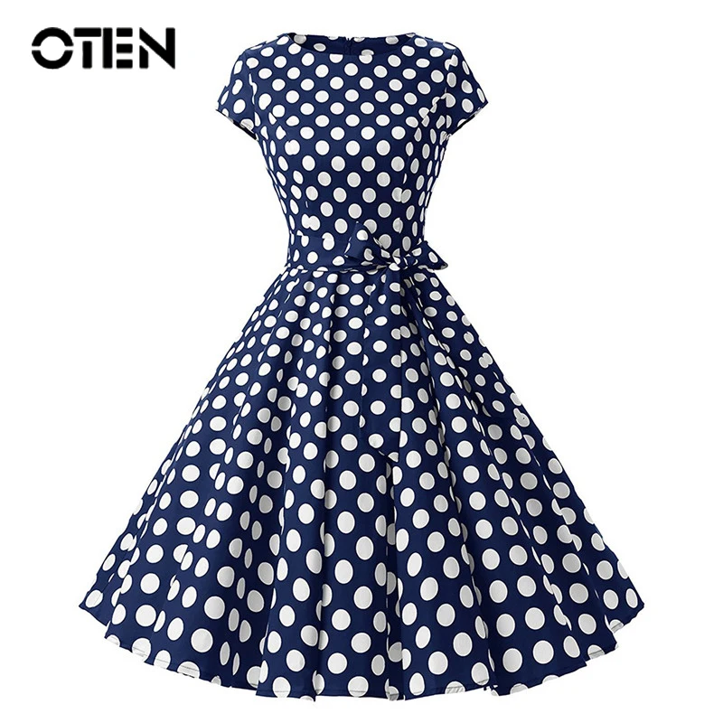 

OTEN Summer dress women 2018 Cap Sleeve Polka Dot Print O Neck Audrey Hepburn Vintage 50s 60s Skater Knee Length Swing dresses
