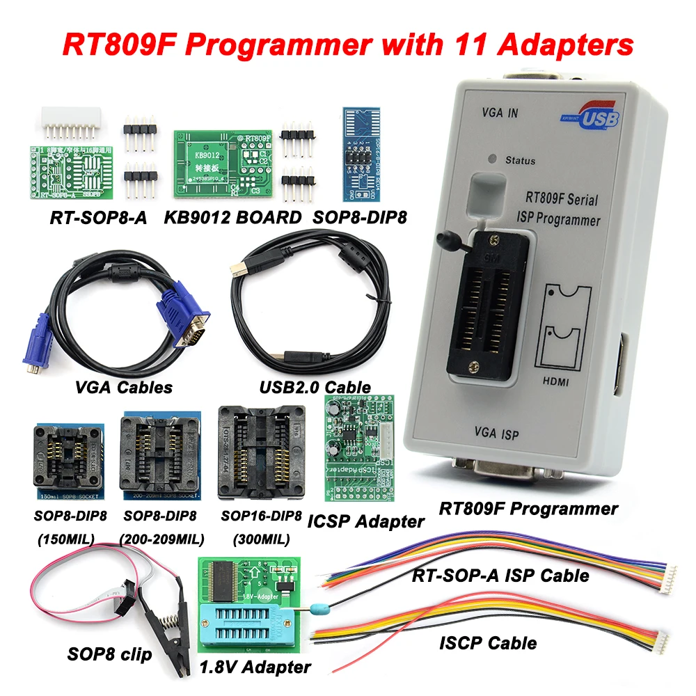 Free Shipping RT809F Serial ISP Programmer with 11 adapters +1.8v adapter+SOP8 test clip Best Quality
Free Shipping RT809F Serial ISP Programmer with 11 adapters +1.8v adapter+SOP8 test clip Best Quality