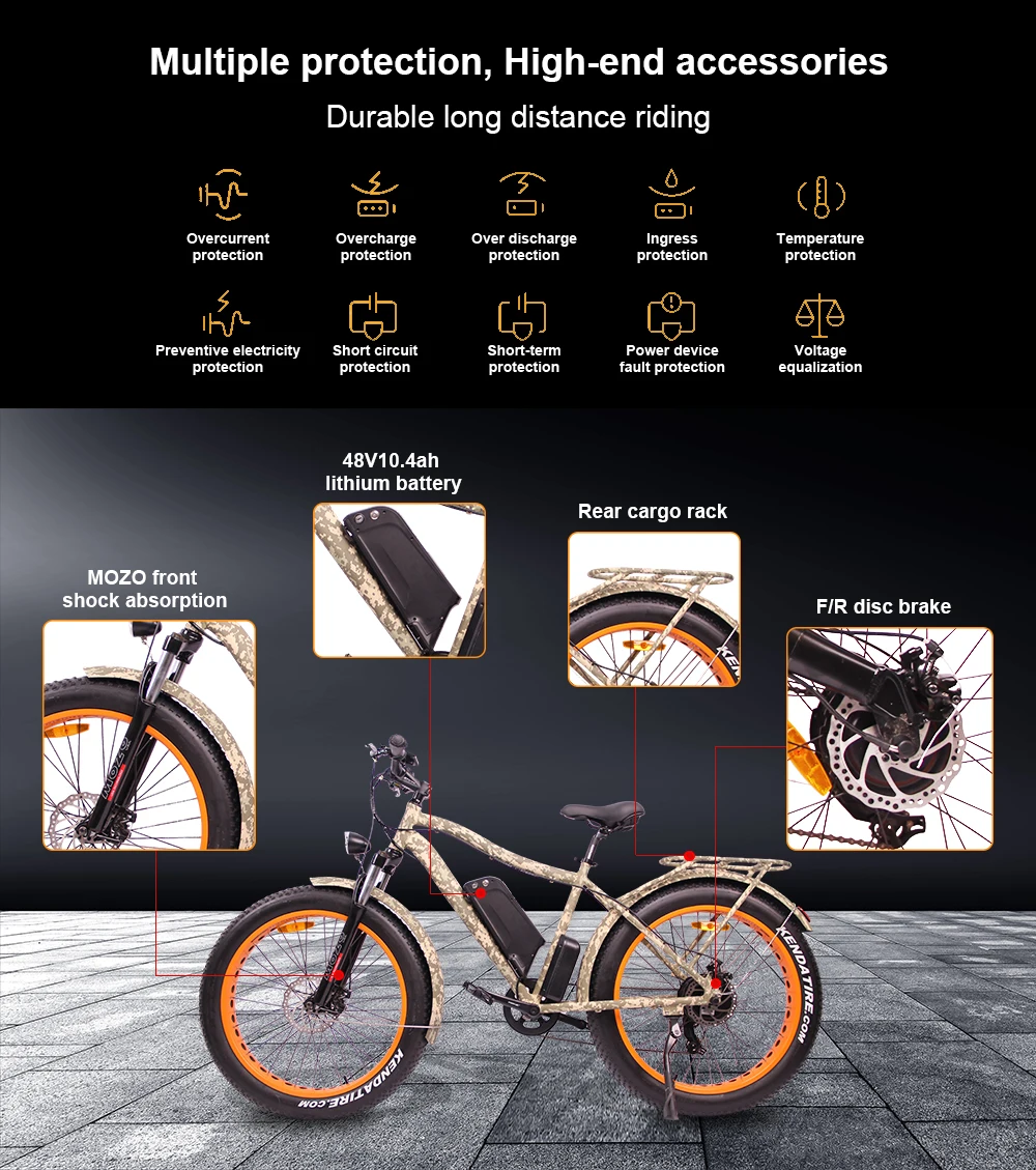 Top EZBIKE Mountain Bike camouflage Electric Bicycle 48V 500W 10.4A 7 speed powerful electric Fat bike Lithium Battery Off road bike 12