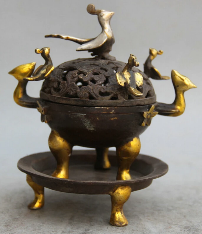 Elegant old S1761 7" Chinese Bronze Gild Silver 3 Foot Bird handle flower Incense Burner Censer statue
Elegant old S1761 7" Chinese Bronze Gild Silver 3 Foot Bird handle flower Incense Burner Censer statue