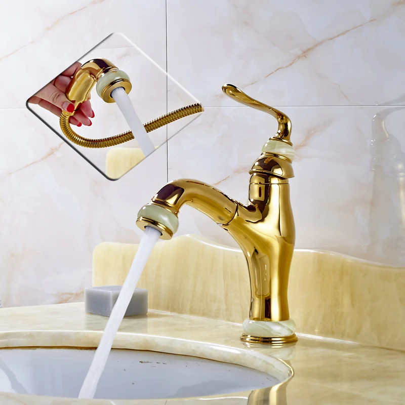 Luxury Bathroom Kitchen Pull Out Faucet Tap Single Lever Deck Mounted Golden One Hole Basin Sink Hot and Cold Faucet
Luxury Bathroom Kitchen Pull Out Faucet Tap Single Lever Deck Mounted Golden One Hole Basin Sink Hot and Cold Faucet