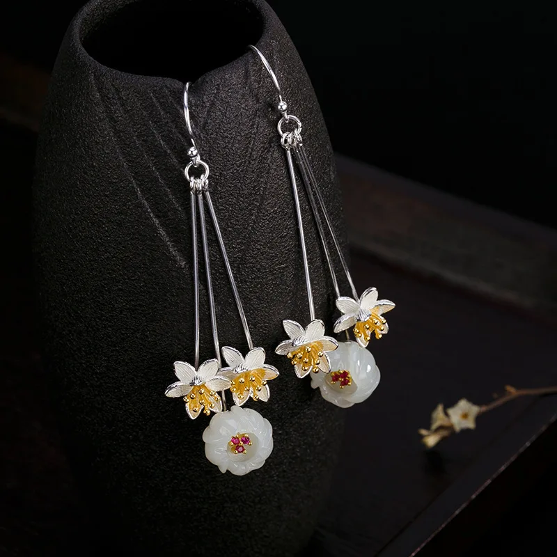 s925 Silver Natural Hotan stone Plum Blossom Earrings Retro Personal Literature and Art High-grade Women's Earrings
s925 Silver Natural Hotan stone Plum Blossom Earrings Retro Personal Literature and Art High-grade Women's Earrings
