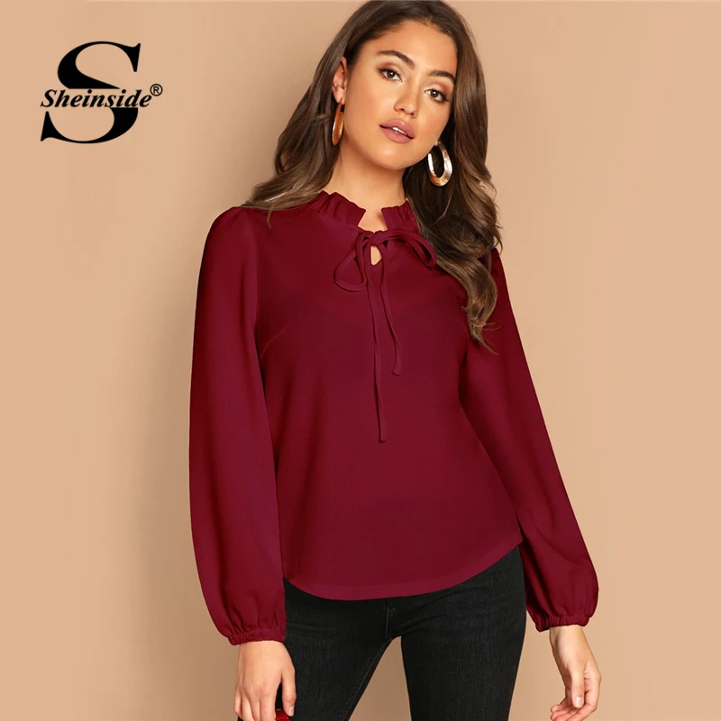 

Sheinside Burgundy Frilled Neck Knot Blouse Long Sleeve Womens Tops 2019 Autumn Elegant Blouses Fashion Women Top Solid Shirts