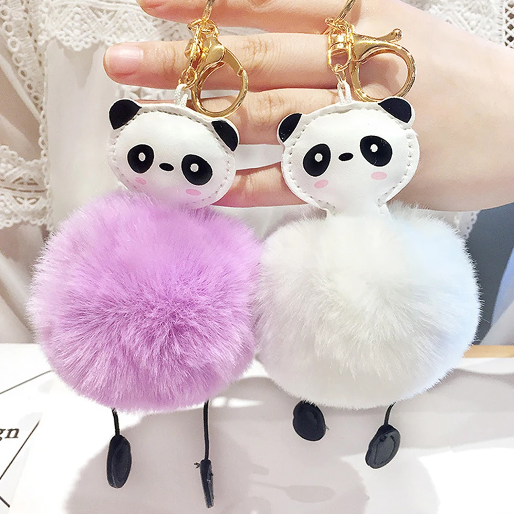 

Lovely Furry Women Keychains Leather Panda Head Key Rings Pompom Faux Fur Ball Car Keyring Tassel Key Chains Pompon Jewelry Gift