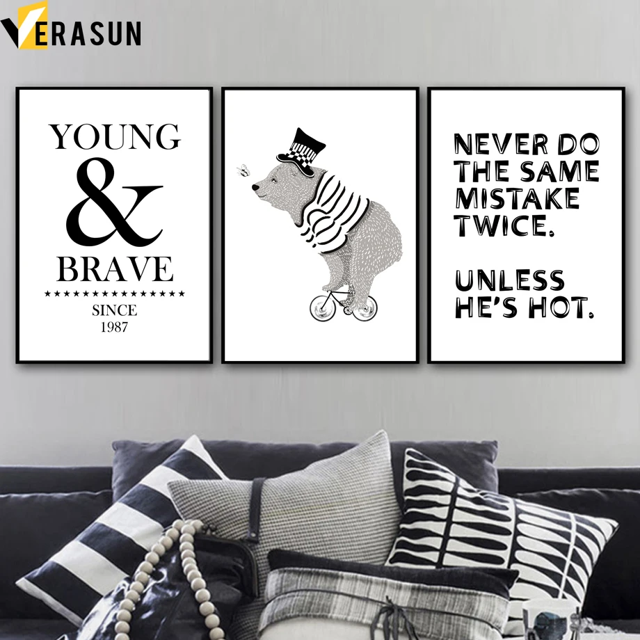 Cartoon Cycling Bear Motivational Quotes Wall Art Canvas Painting Nordic Posters And Prints Animal Pictures Kids Room Decor | Дом и сад