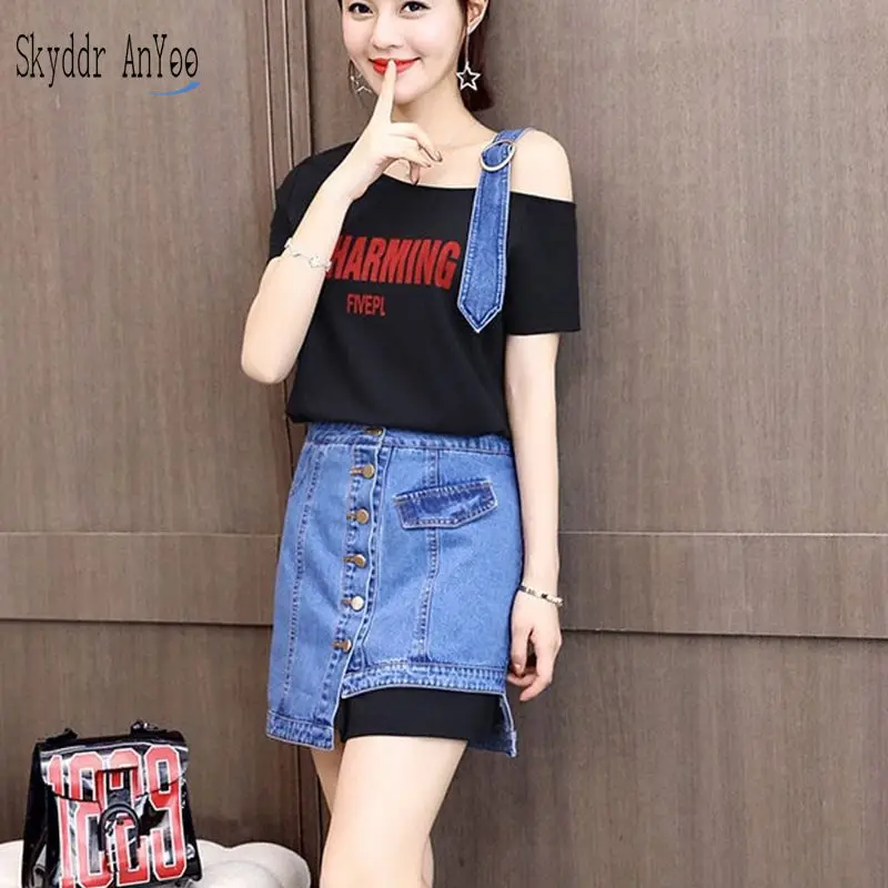 2019 Summer Women's Two Piece Set Short Sleeve Off Shoulder Long Casual TShirts Dresses+Single Breasted Denim Skirts Ladies Suit
2019 Summer Women's Two Piece Set Short Sleeve Off Shoulder Long Casual TShirts Dresses+Single Breasted Denim Skirts Ladies Suit