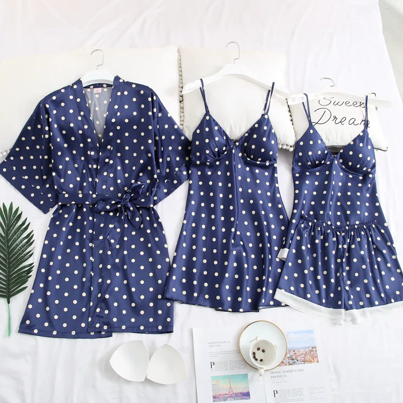 4 Piece Womens Pajamas Robe+Nightdress+Top+Shorts Silk Satin Polka Dot Pajama Sets Summer Nightwear Set For Women MA50159
4 Piece Womens Pajamas Robe+Nightdress+Top+Shorts Silk Satin Polka Dot Pajama Sets Summer Nightwear Set For Women MA50159