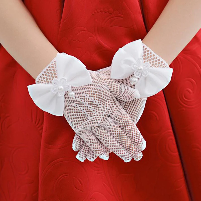 1 Pair Girls Kids White Lace Faux Pearl Fishnet Gloves Communion Flower Girl Bride Party Ceremony Accessories | Мать и ребенок