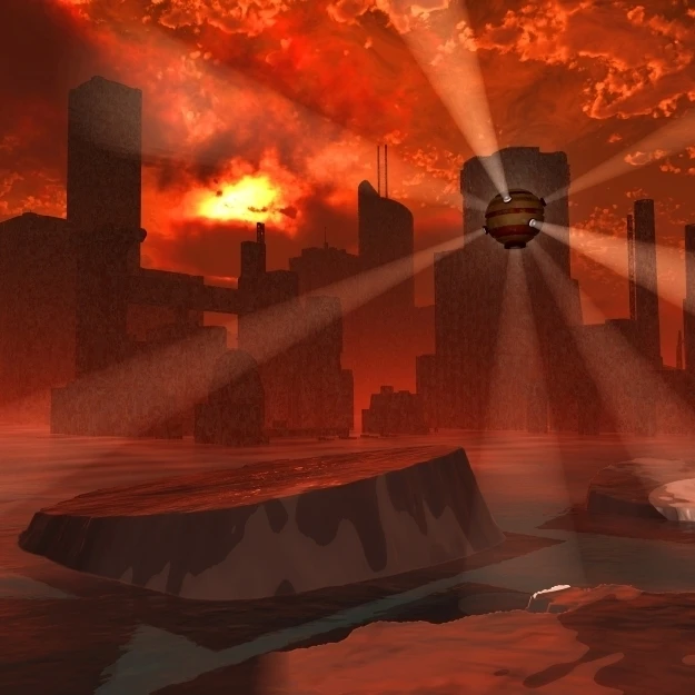 A futuristic look at a city flooded by rising waters due to the melting of the ice caps Poster Print (18 x 11)