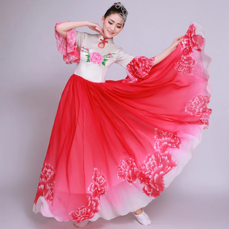 (0172) Chinese classical instrument performance dress fan/umbrella folk dance wear new big swing red Peony chorus costumes
(0172) Chinese classical instrument performance dress fan/umbrella folk dance wear new big swing red Peony chorus costumes