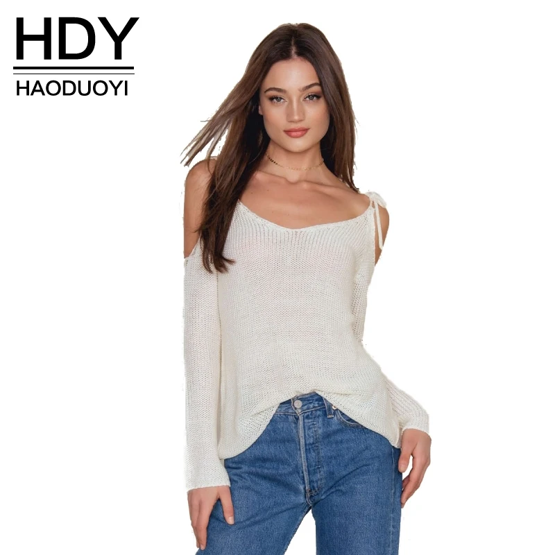 Image HDY Haoduoyi 2017 Fashion Cold Shoulder Women Knitted Strap Sweaters Solid Crew Neck Pullovers Casual Long Sleeve Thin Sweater