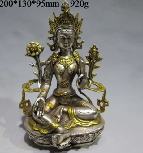 

Vintage Tibet Silver Copper Gilt Tibetan Buddhism Statue --- Green Tara Buddha