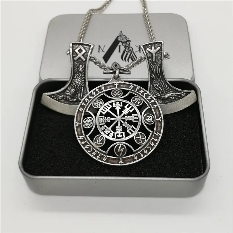 Подвеска с символикой викингов Wolf рунный топор Necklace Compass Vegvisir S языческие