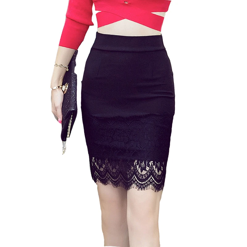 Image S 5XL 2016 Summer New Casual Fashion Elegant Sexy Slim Bodycon Lace Mini Women OL Pencil Skirt Plus Size Black