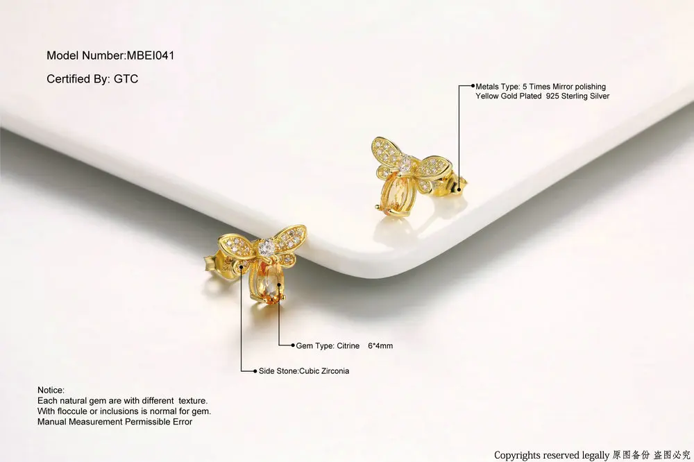 MoBuy MBEI041 Natural Citrine Lovely Bee Stud Earrings 925 Sterling Silver Jewelry 14K Yellow Gold Plated Fine Jewelry For Women 7