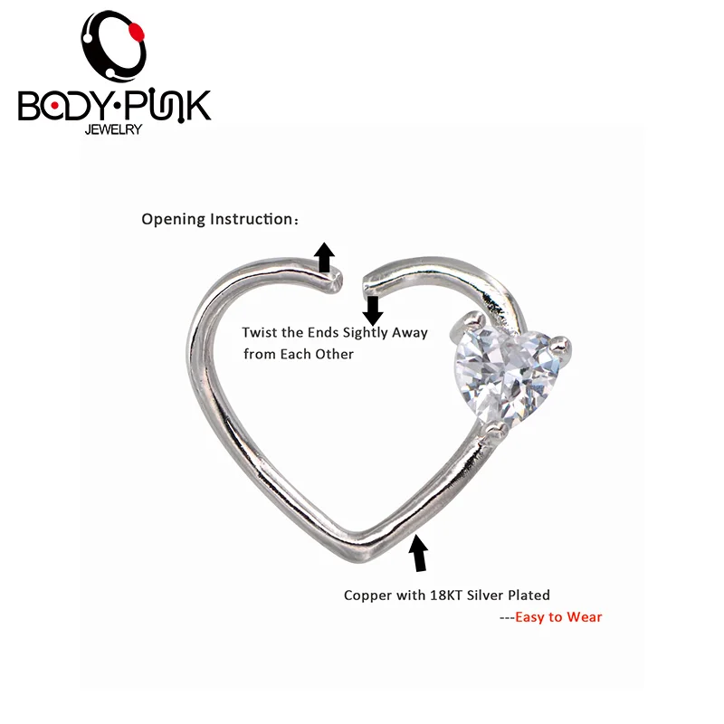  BODY PUNK Jewelry Heart CZ Left Closure Daith Cartilage 16 Gauge Heart Tragus Earrings 5 Colors Micro Circular Barbell Nose  (7)