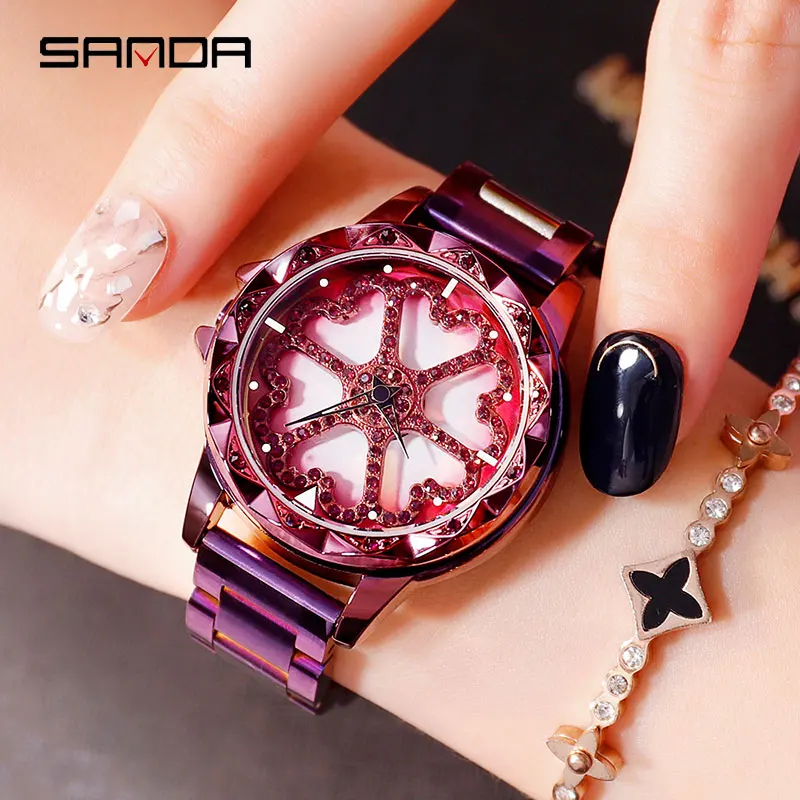 SANDA Draai Dial Horloge Vrouwen Роскошные Кристальные дамские часы 30 м водостойкие Япония 2035