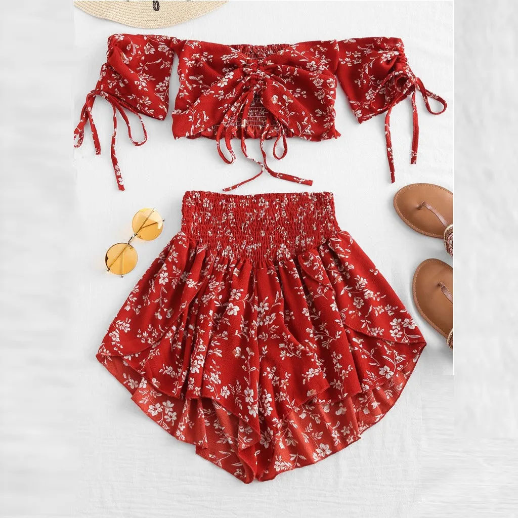 Women Set Off Shoulder Cinched Print Short Sleeves Crop Top Two Piece Set Summer Style Draped Short Pants Beach Boho Suits
Women Set Off Shoulder Cinched Print Short Sleeves Crop Top Two Piece Set Summer Style Draped Short Pants Beach Boho Suits