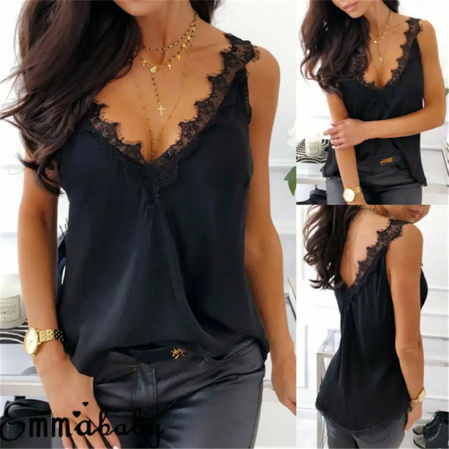 

Women Sexy Lace Strappy V-neck Sleeveless Open Back Camisole Vest Ladies Tank Top Silk Cami Satin Effect