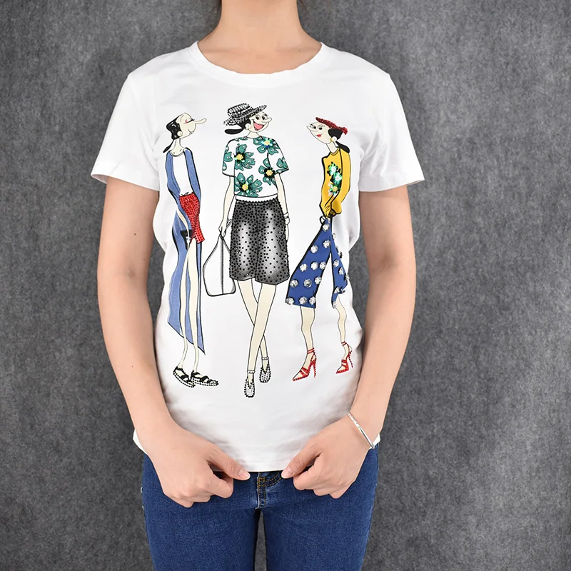 Summer modish model Europe T Shirt Women Short Sleeve Tshirt Women Tops Sequined three Cartoon girl Print t-shirts Femme Tees
Summer modish model Europe T Shirt Women Short Sleeve Tshirt Women Tops Sequined three Cartoon girl Print t-shirts Femme Tees