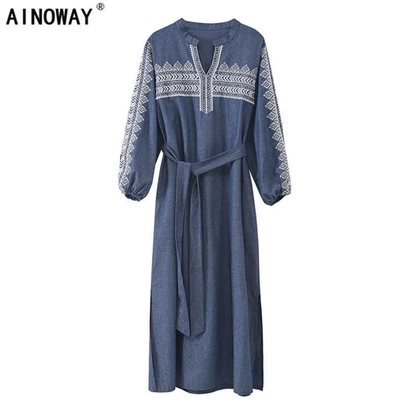 Autumn vintage women denim cotton long sleeve v-neck bohemian dress ladies lace-up sashes Boho maxi loose dress vestidos
Autumn vintage women denim cotton long sleeve v-neck bohemian dress ladies lace-up sashes Boho maxi loose dress vestidos