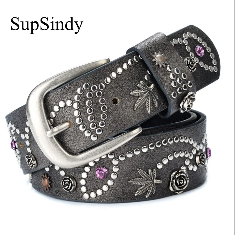 

SupSindy Women Belt Luxury Brand Designer Leaves Flowers Rhinestone Rivets Pin Buckle PU Leather Belts for Women Jeans Waistband