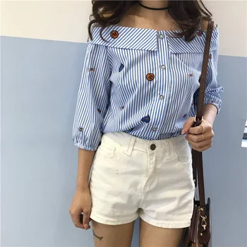 Korean Style Off Shoulder Slash Turn-down Neck Button Blouses Carton Printing Blue Striped Blusas Femininas
Korean Style Off Shoulder Slash Turn-down Neck Button Blouses Carton Printing Blue Striped Blusas Femininas