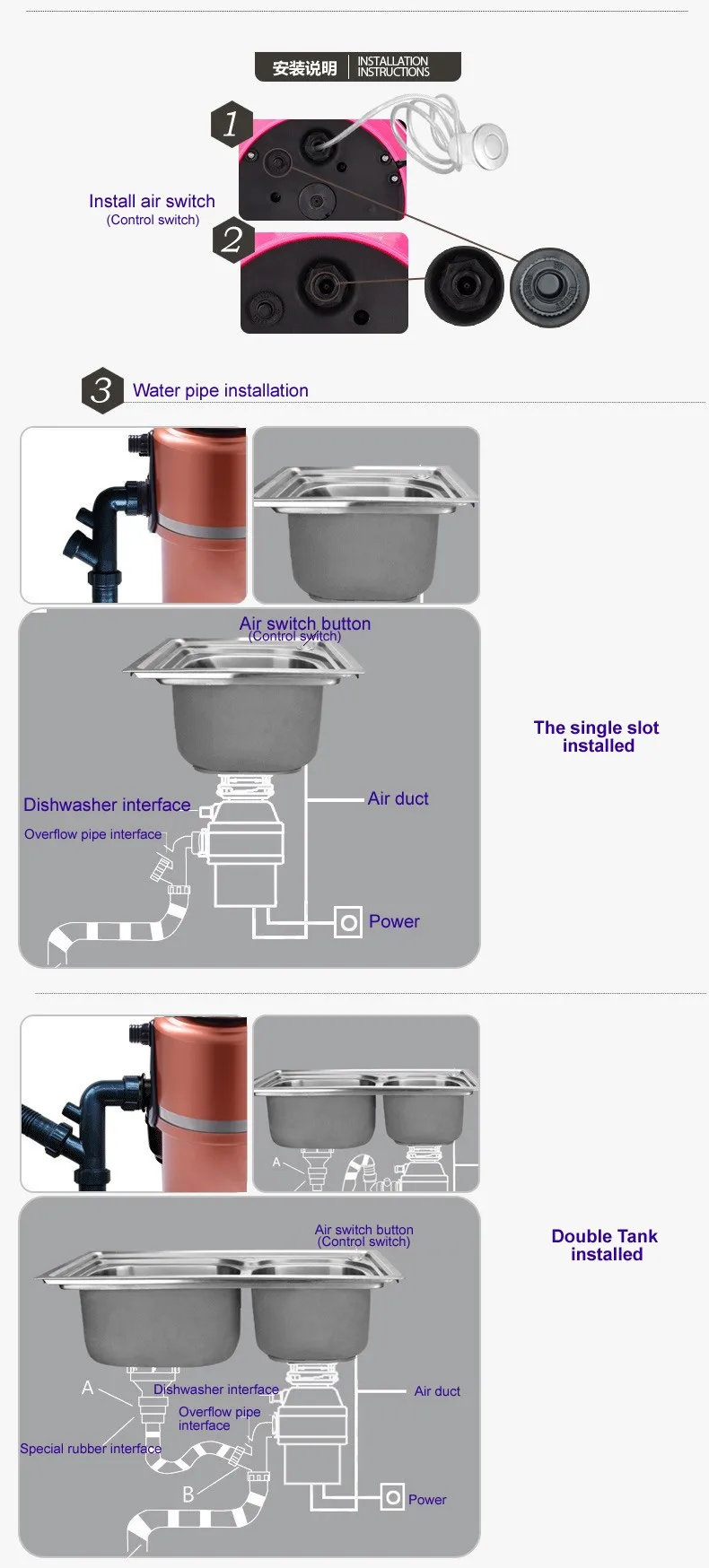 AC motor 450W kitchen food garbage disposal crusher food waste disposers Stainless steel Grinder material kitchen appliances AC motor 450W kitchen food garbage disposal crusher food waste disposers Stainless steel Grinder material kitchen appliances