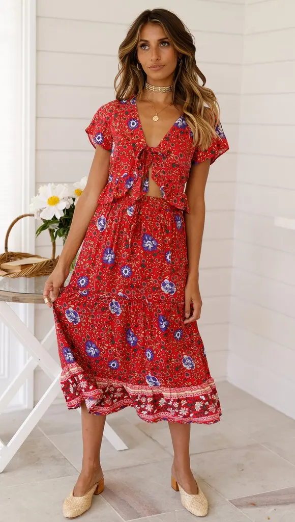 Red Floral Print 2 Piece Set Dress & Top Elastic Waist Midi Skirt Suit Women Dresses Boho Beach Set Red Floral Print 2 Piece Set Dress & Top Elastic Waist Midi Skirt Suit Women Dresses Boho Beach Set