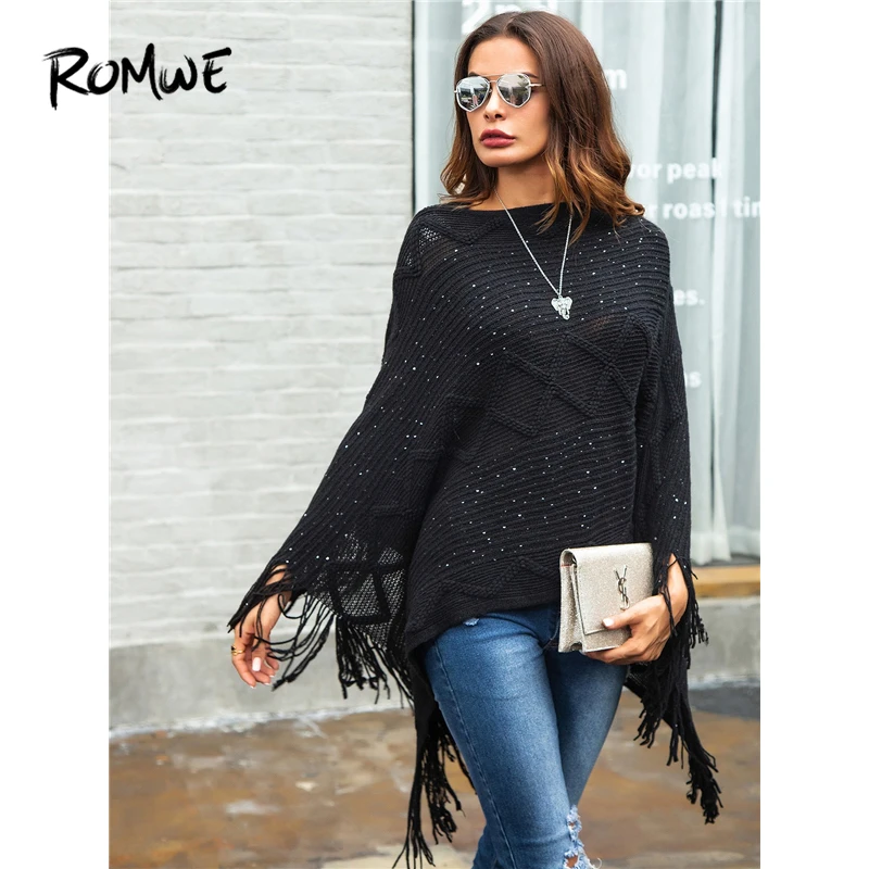 ROMWE Solid Fringe Detail Poncho Sweater 2019 Black Asymmetrical Spring Autumn Poncho Pullovers Boat Neck Women Sweater
ROMWE Solid Fringe Detail Poncho Sweater 2019 Black Asymmetrical Spring Autumn Poncho Pullovers Boat Neck Women Sweater