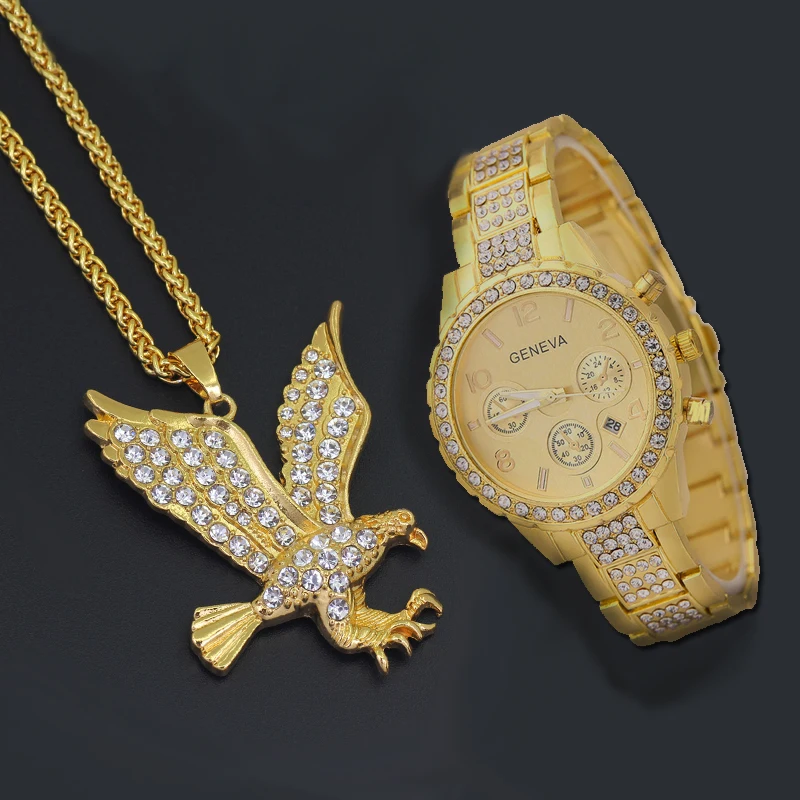 Men Luxury Hip Hop Gold Bling Iced Out Lab Watch And Eagle Pendant Necklace Gift Combo Set
Men Luxury Hip Hop Gold Bling Iced Out Lab Watch And Eagle Pendant Necklace Gift Combo Set
