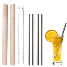 AIHOME 304 Stainless Steel Straw Set 4* 8mm Straw + 2*Wooden Cover + 2*Brushes + 1*Bag