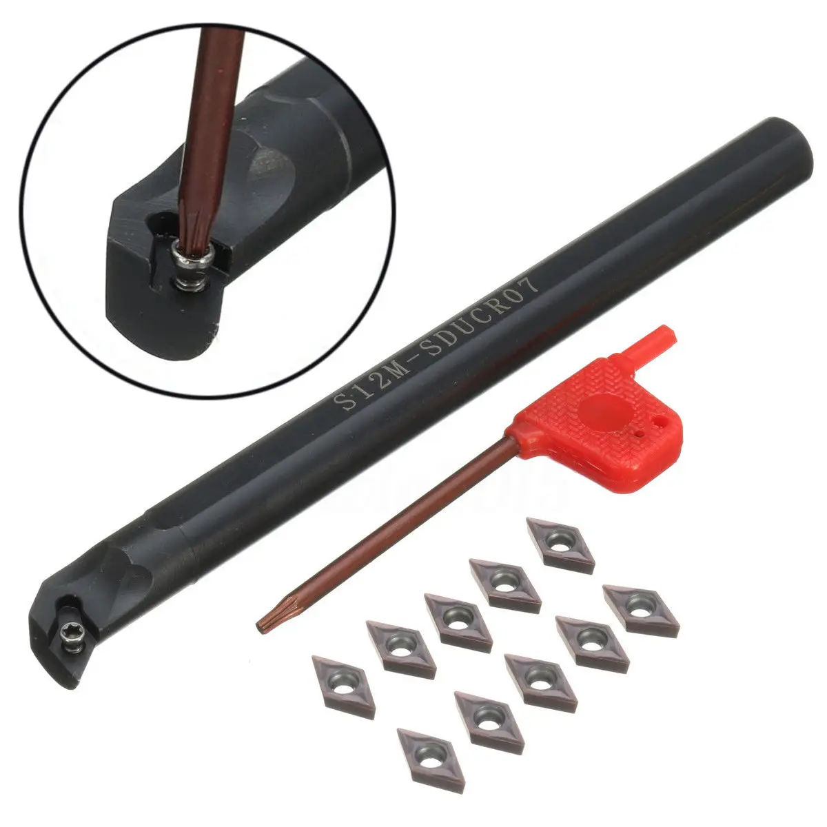 S12M-SDUCR07 Lathe Turning Tool Holder Boring Bar W/ DCMT0702 Carbide Insert Kit
S12M-SDUCR07 Lathe Turning Tool Holder Boring Bar W/ DCMT0702 Carbide Insert Kit