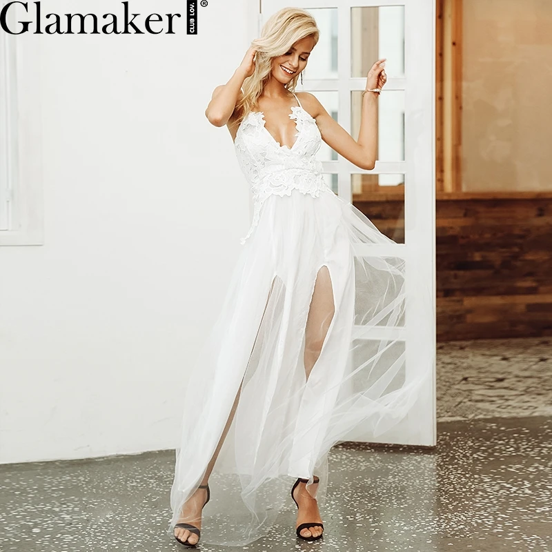 Glamaker Sexy transparent mesh lace split sundress Women v neck bodycon white maxi party dress Elegant summer holiday long dress
Glamaker Sexy transparent mesh lace split sundress Women v neck bodycon white maxi party dress Elegant summer holiday long dress